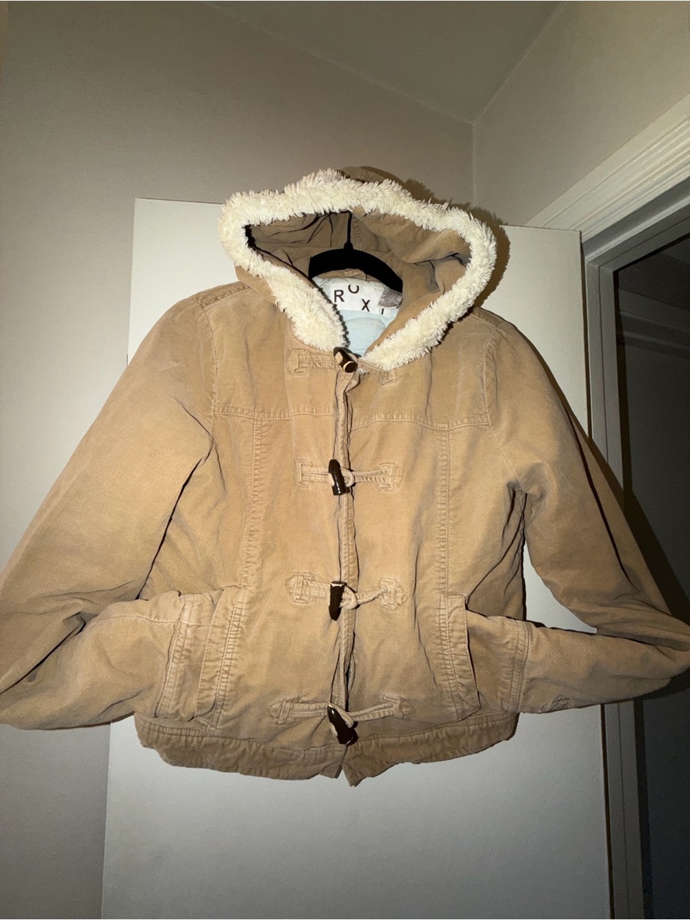 Roxy Toggle Hooded Jacket in Tan with Cream Sherpa Trim - Girls XL